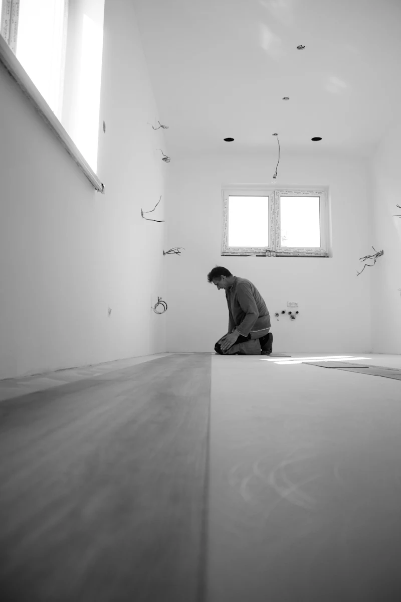 Flooring fitter laying a new floor