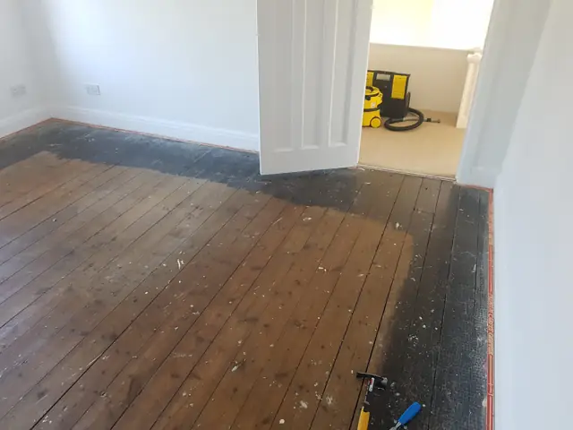 Before: old boards, prepared for laminate
